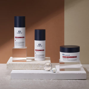 CU skin care products on a neutral background.