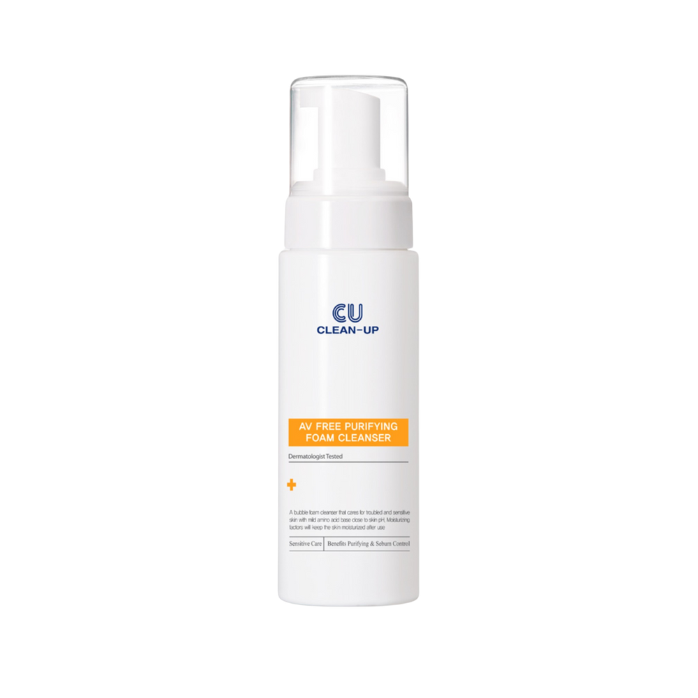 front view of cu clean up av free purifying foam facial cleanser on transparent background.