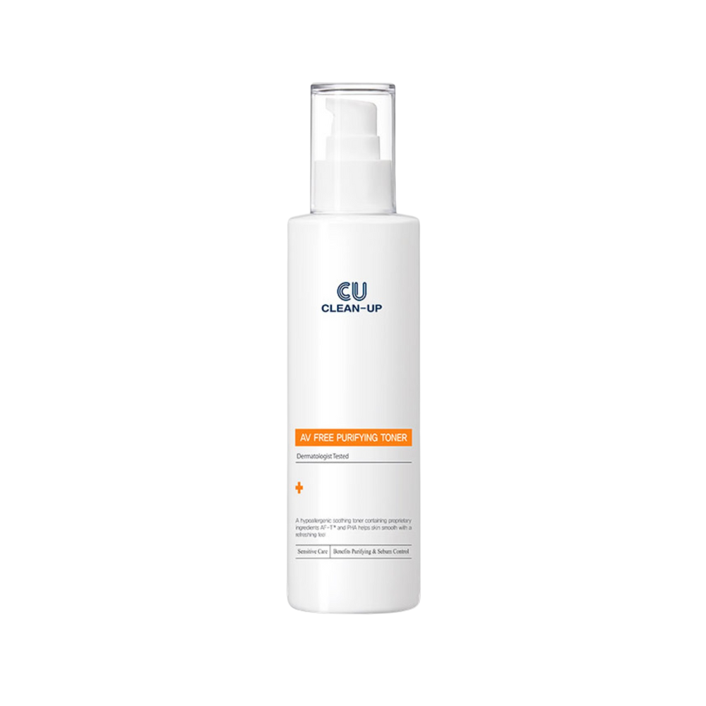 Skincare bottle labeled 'CU Clean-Up av free purifying toner' on a transparent background.