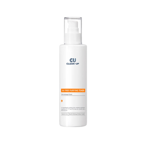 Skincare bottle labeled 'CU Clean-Up av free purifying toner' on a transparent background.