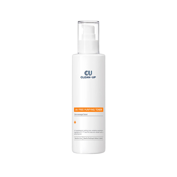 Skincare bottle labeled 'CU Clean-Up av free purifying toner' on a transparent background.