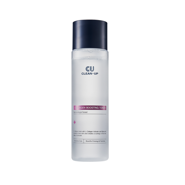 Skincare bottle labeled 'CU Clean-Up' Collagen boosting toner on a transparent background.