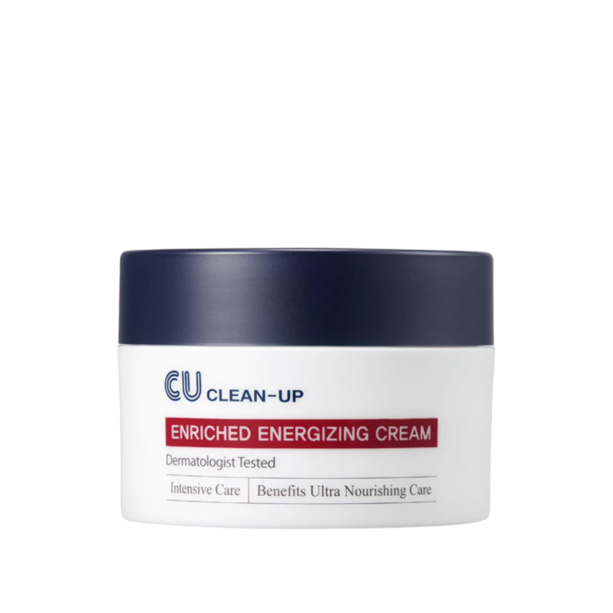 Front view CU Clean-Up Enriched Energizing Cream jar on transparent background.