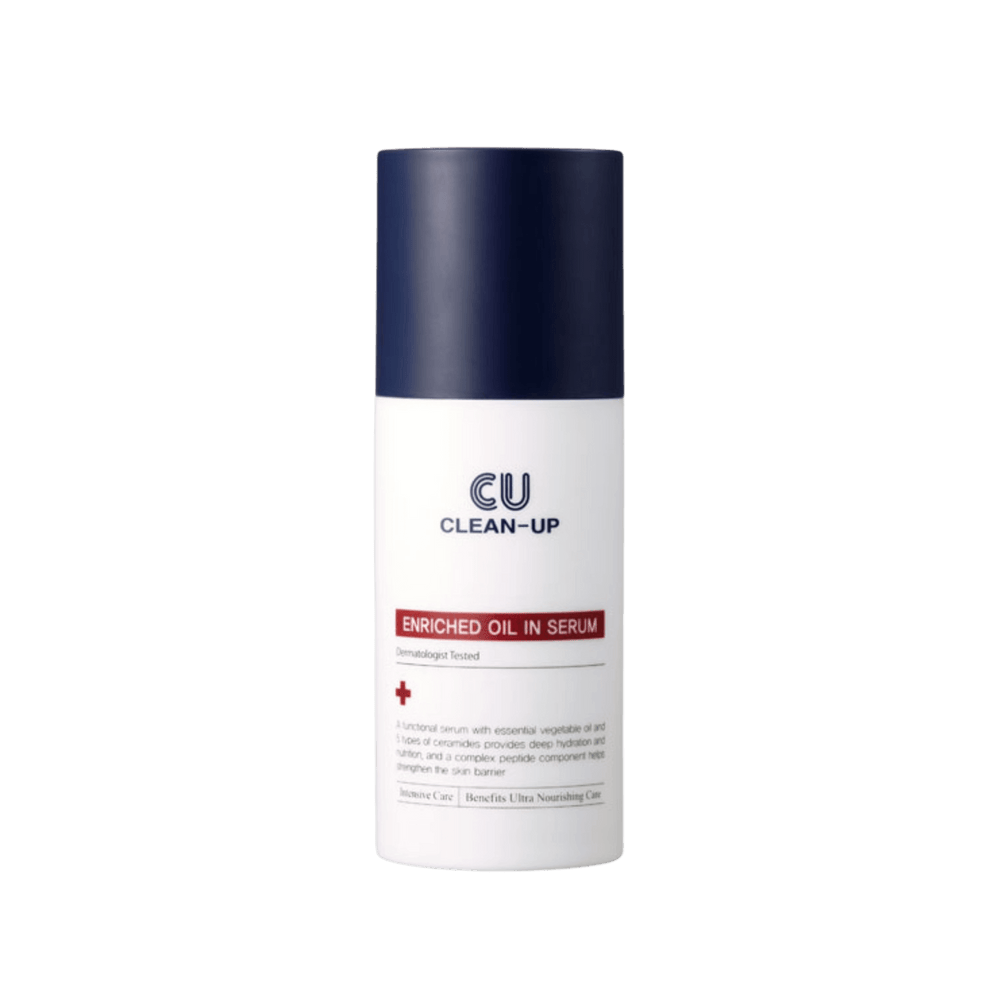 CU Clean-Up enriched oil in serum bottle on a white background