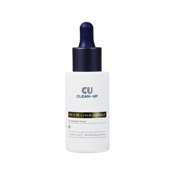 CU Clean-Up EX C RE n calm ampoule skincare bottle on a transparent background.