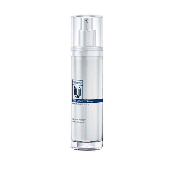 Skincare serum bottle with 'Vitamin U' branding on a white background