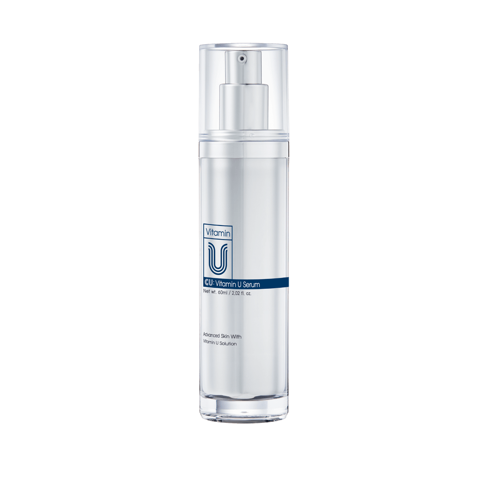 Skincare serum bottle with a clear label on a white background