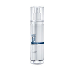Skincare serum bottle with a clear label on a white background