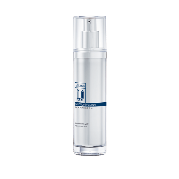 Skincare serum bottle with a clear label on a white background