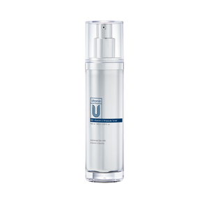 Skincare bottle with 'Vitamin U' toner branding on transparent background.