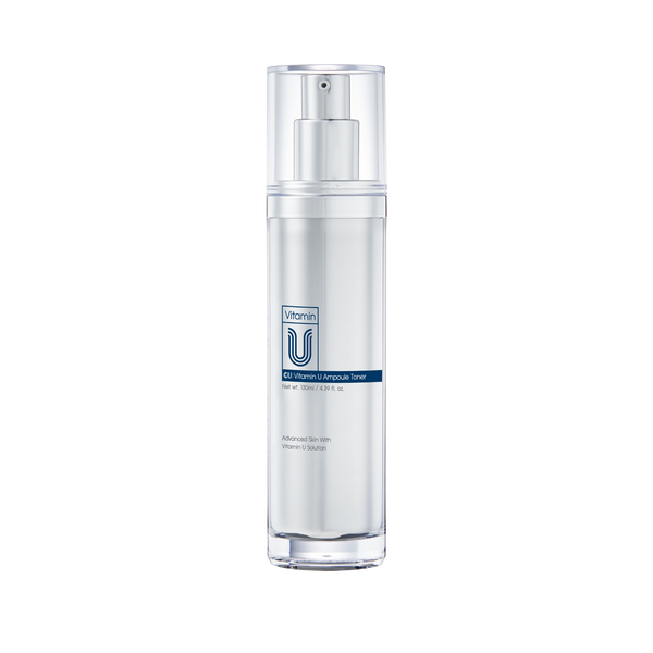 Skincare bottle with 'Vitamin U' toner branding on transparent background.