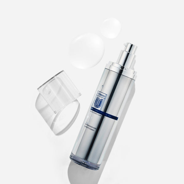 cu vitamin u toner Skincare product with pump on a white background.